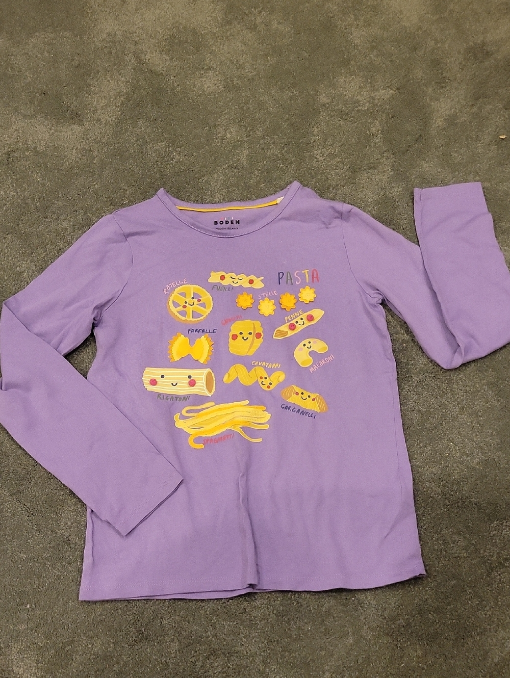 Boden Girls 11-12 Lavender Long-Sleeve Kids' Pasta Graphic Tee